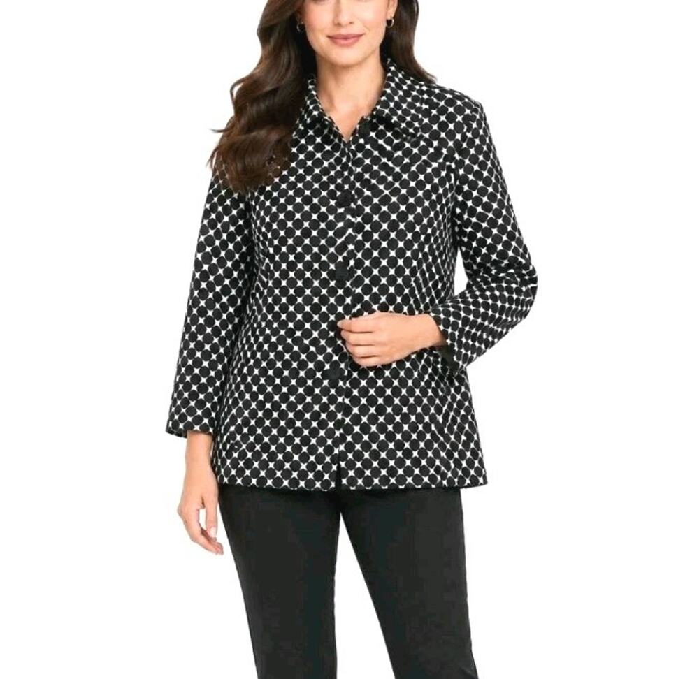 Talbots ~Woman Size 10 Petite~ White Black Cotton Blend Lined Blazer 3/4 Sleeve.